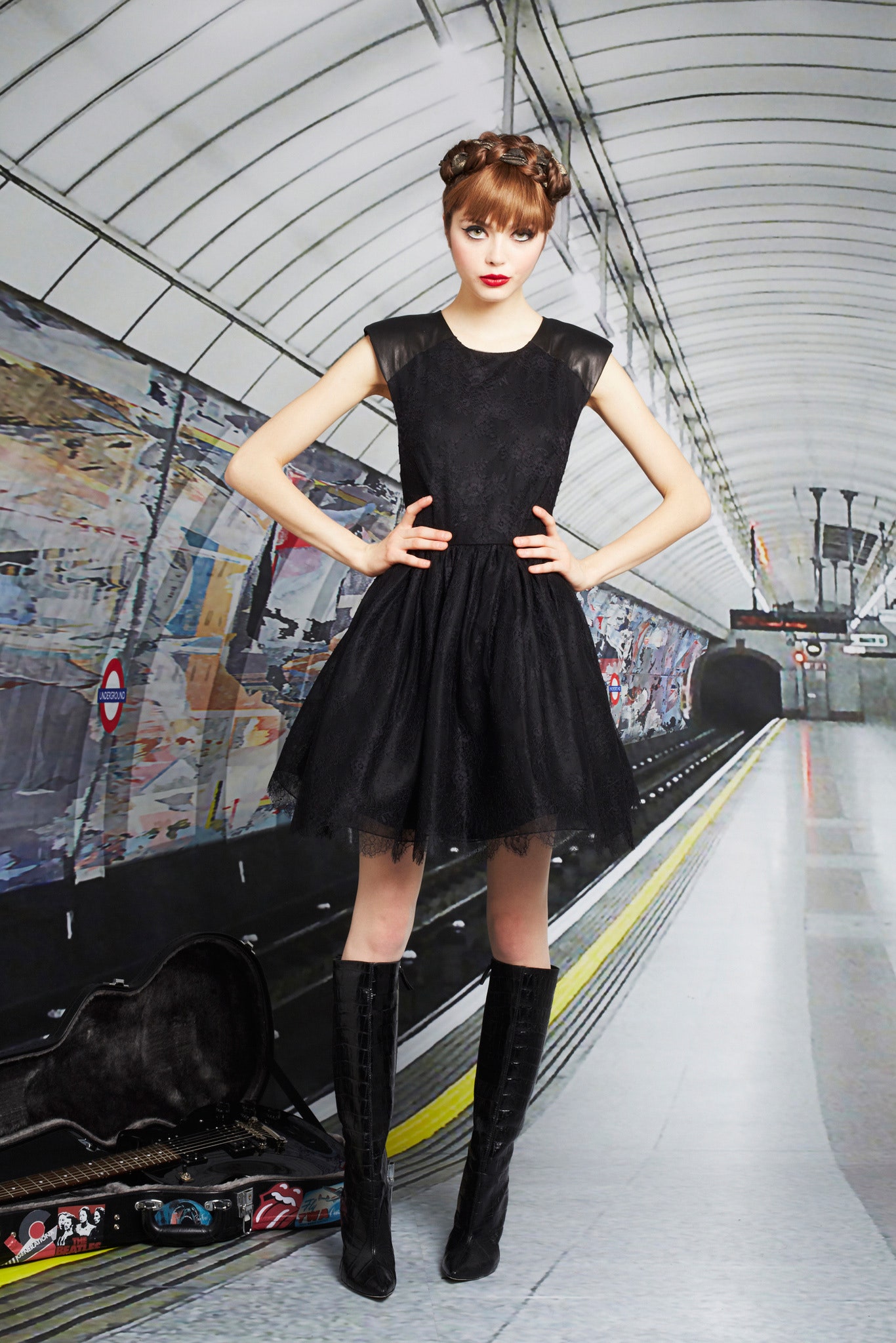 black lace mini dress with boots