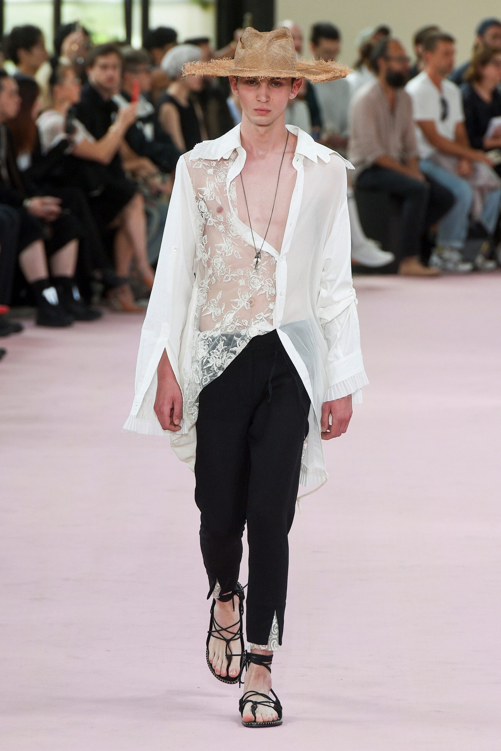white cotton long-sleeve collared relaxed embroidered sheer shirt