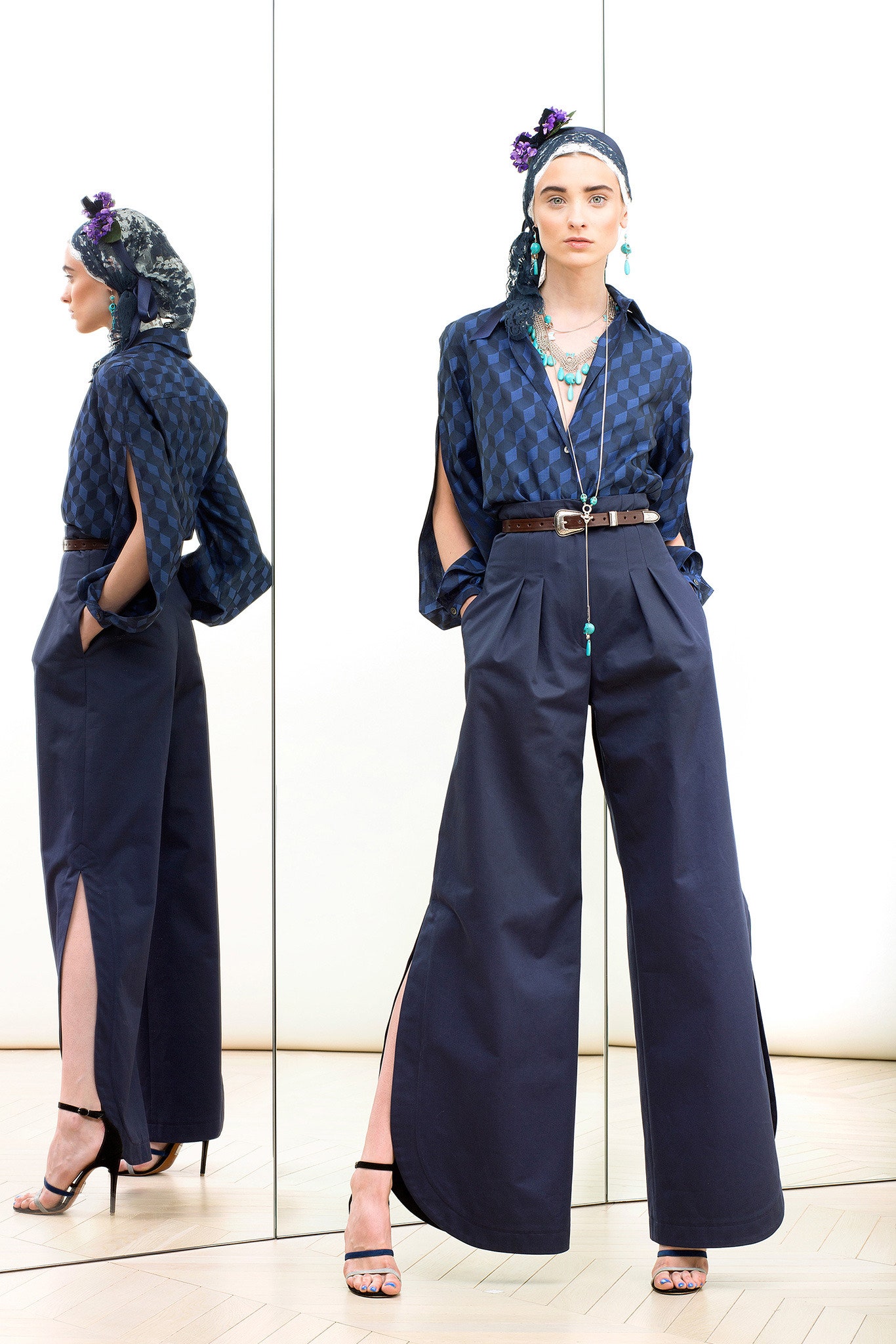 blue cotton slit fitted high-waisted wide-leg pants