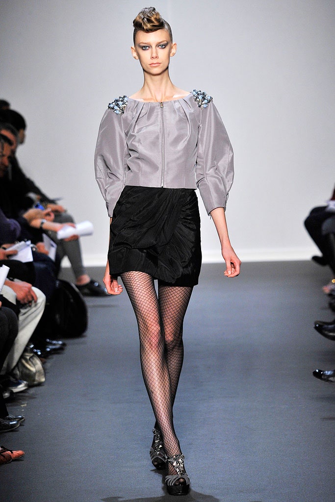 gray silk long-sleeve collared fitted ruffled blouse