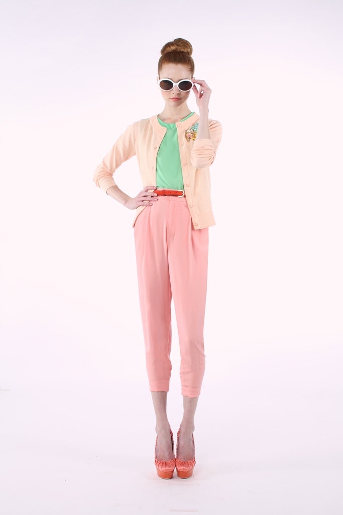 peach cardigan green top pink pants