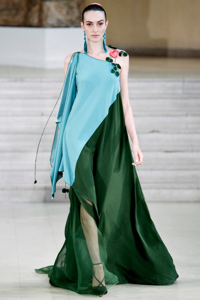 asymmetric blue and green dress