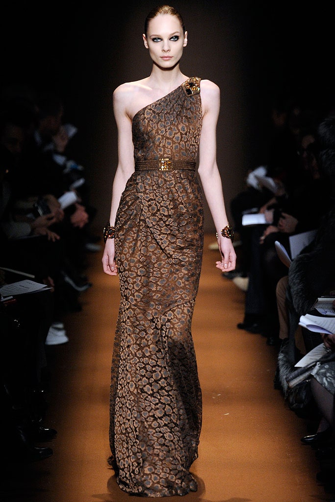fitted brown silk asymmetric gown