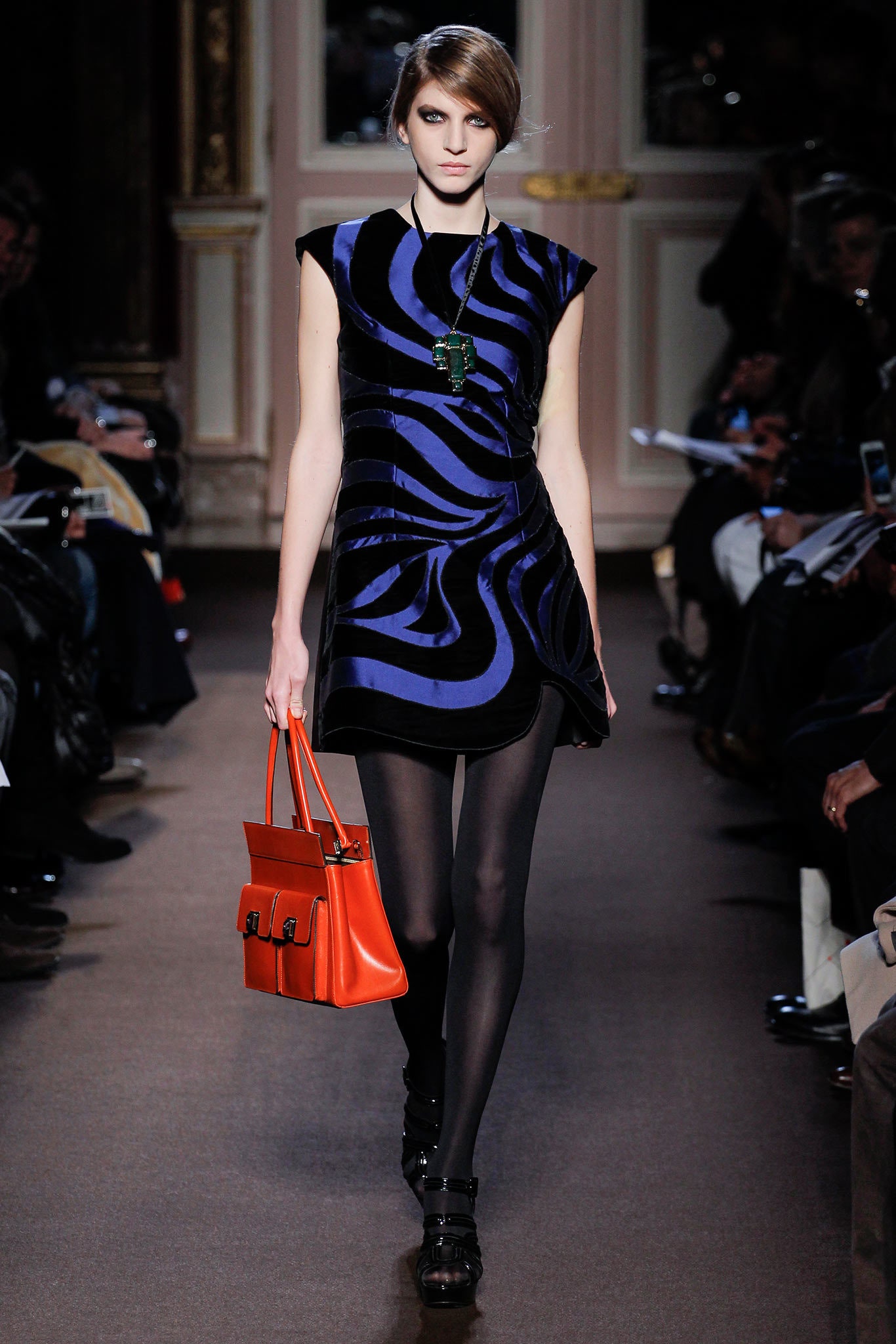 blue silk sleeveless high-neck fitted printed mini dress