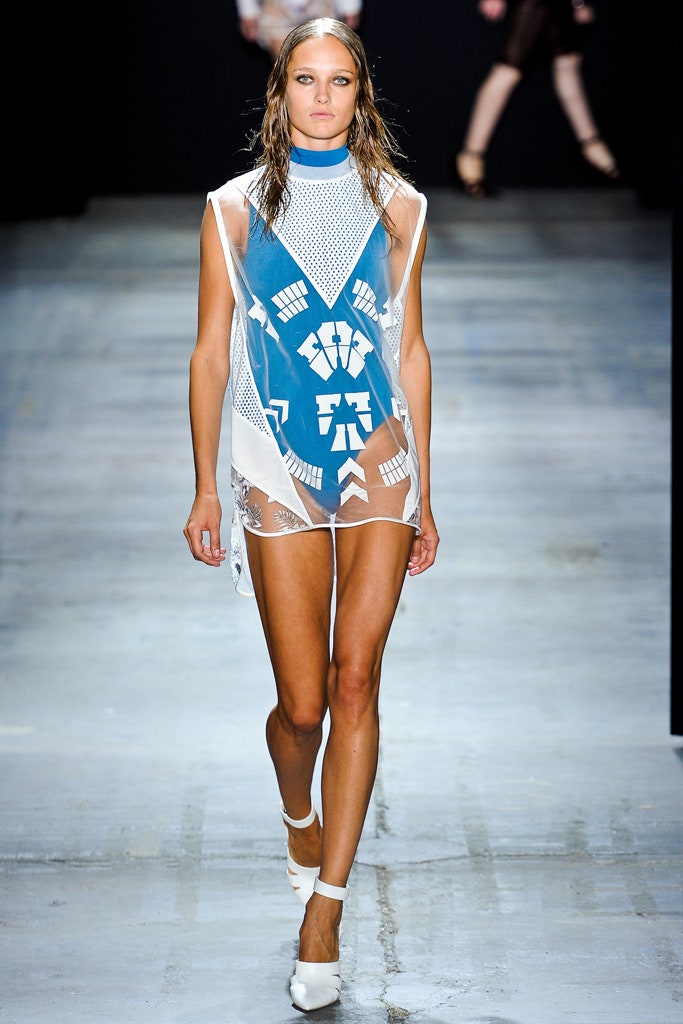 blue and white mesh mini dress