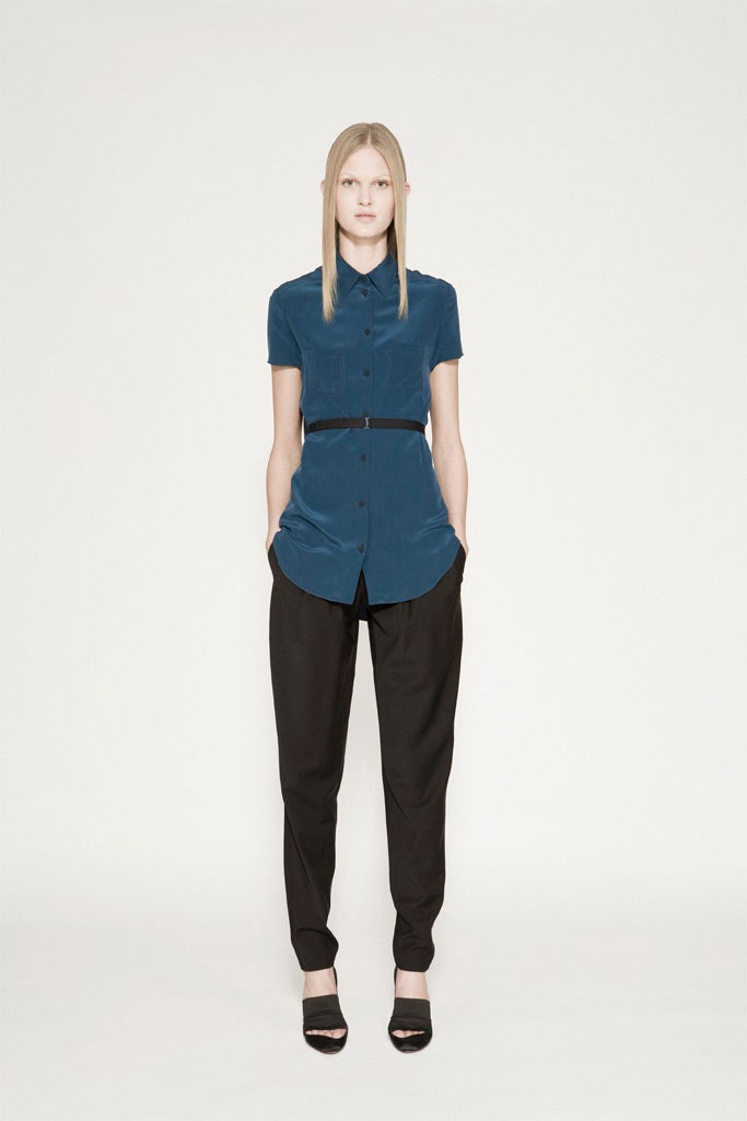 blue silk shirt with black pants