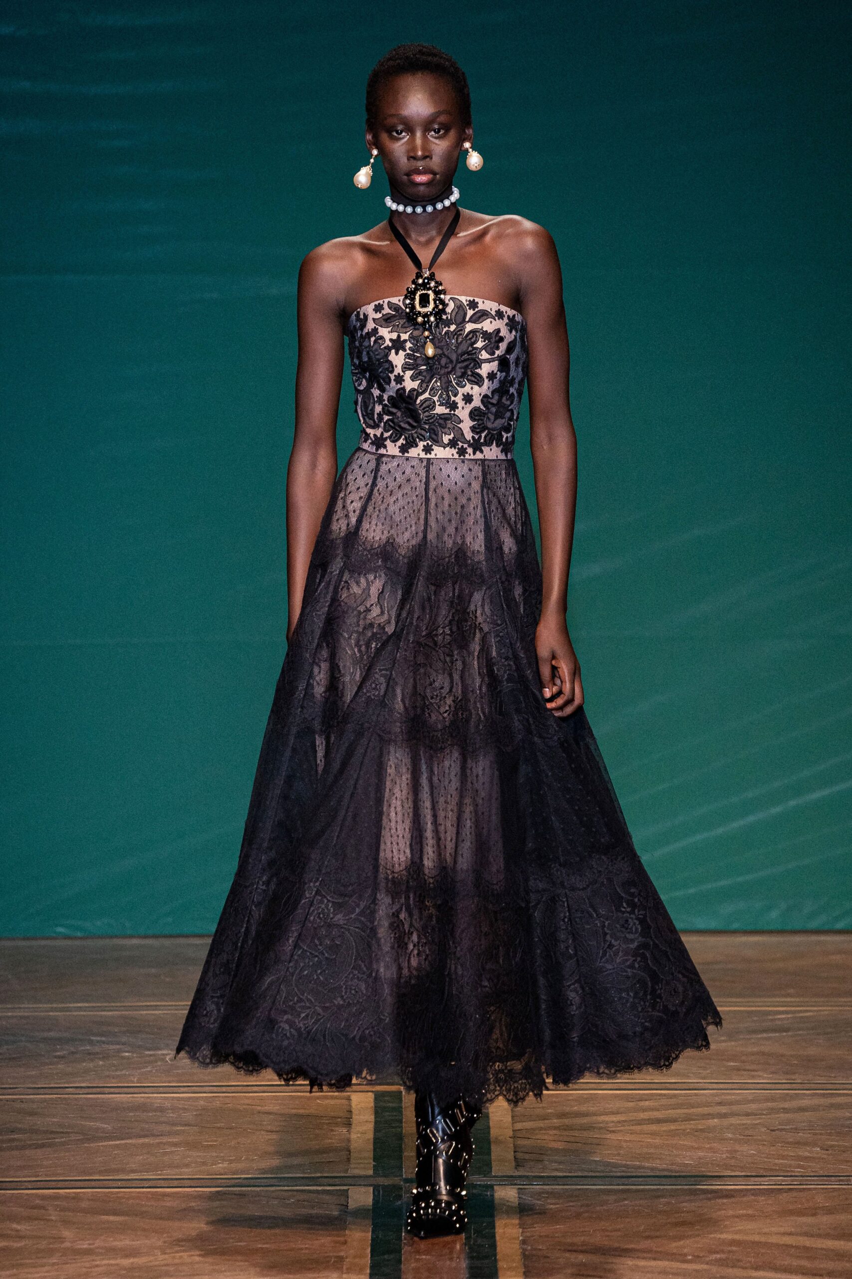 black lace embroidered gown