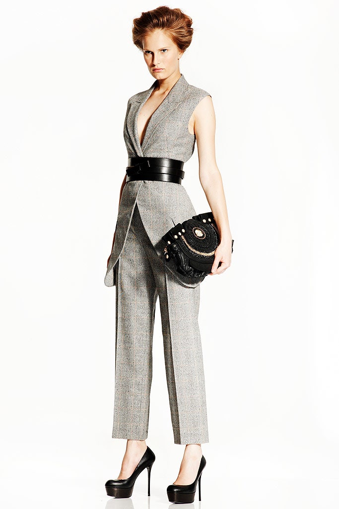 gray wool sleeveless v-neck fitted structured belted jumpsuit