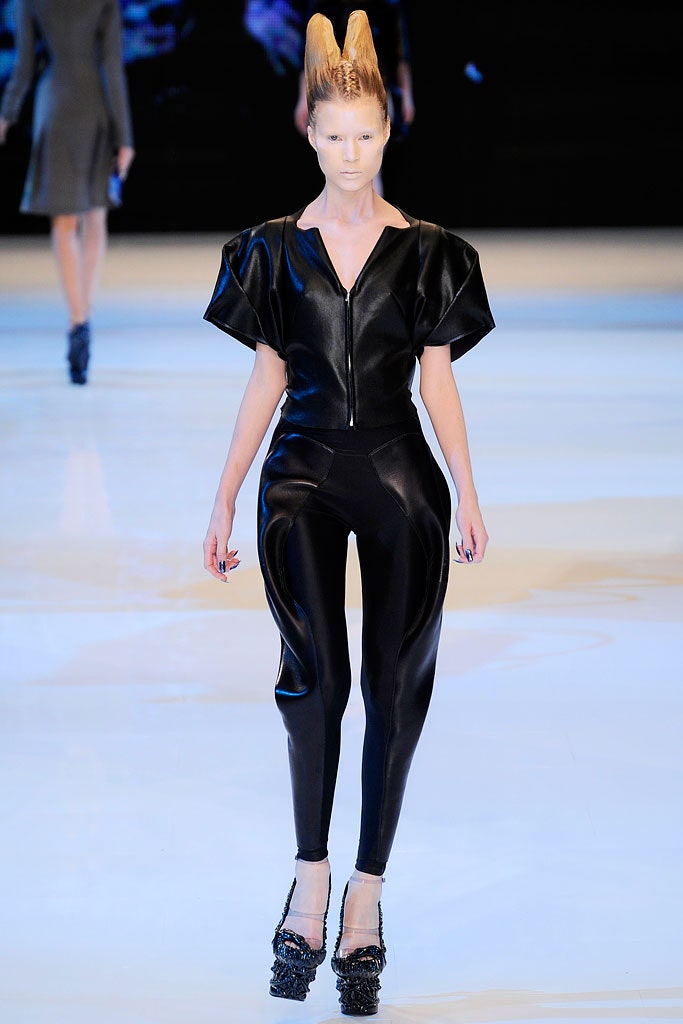 black leather fitted catsuit