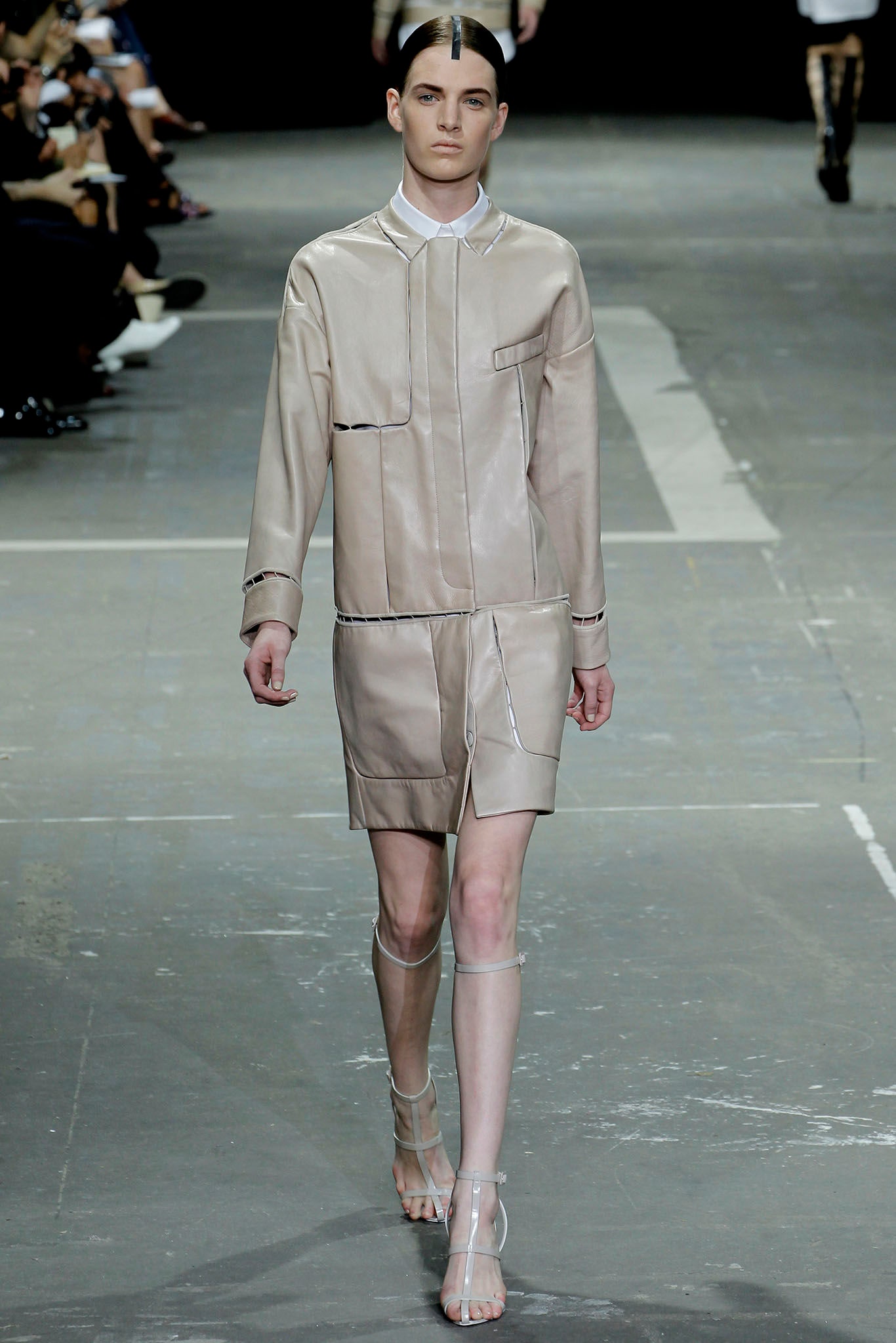 beige leather long-sleeve collared fitted zippered pockets dress