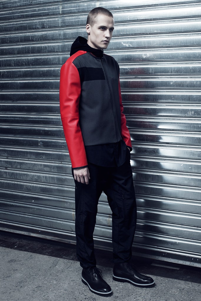 red and gray leather jacket with black shirt and pants