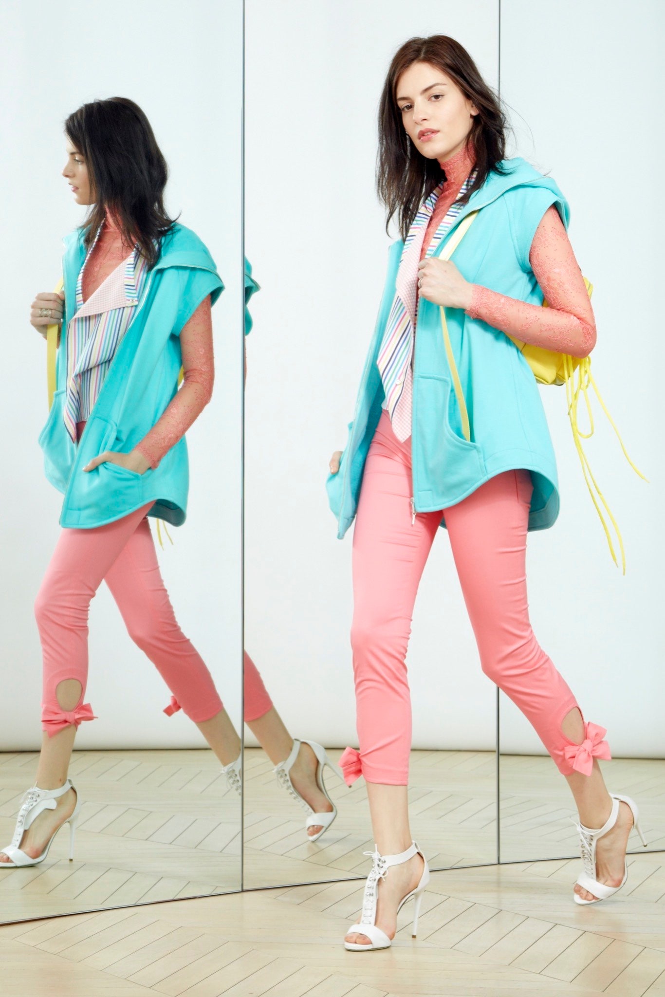 blue sleeveless hoodie with pink pants