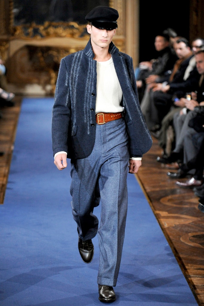 blue wool fitted jacket with gray pants