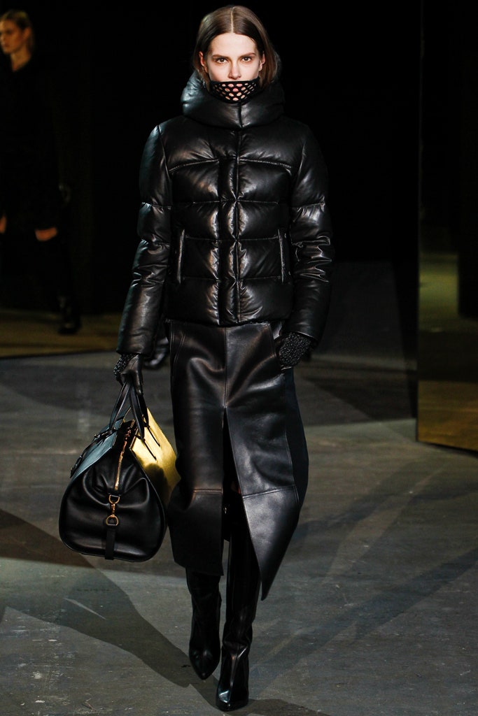 black leather fitted jacket and skirt