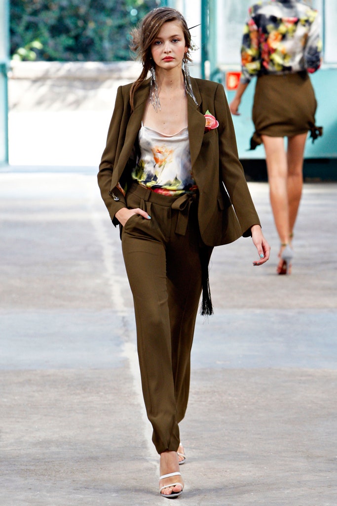 brown tailored blazer with floral top