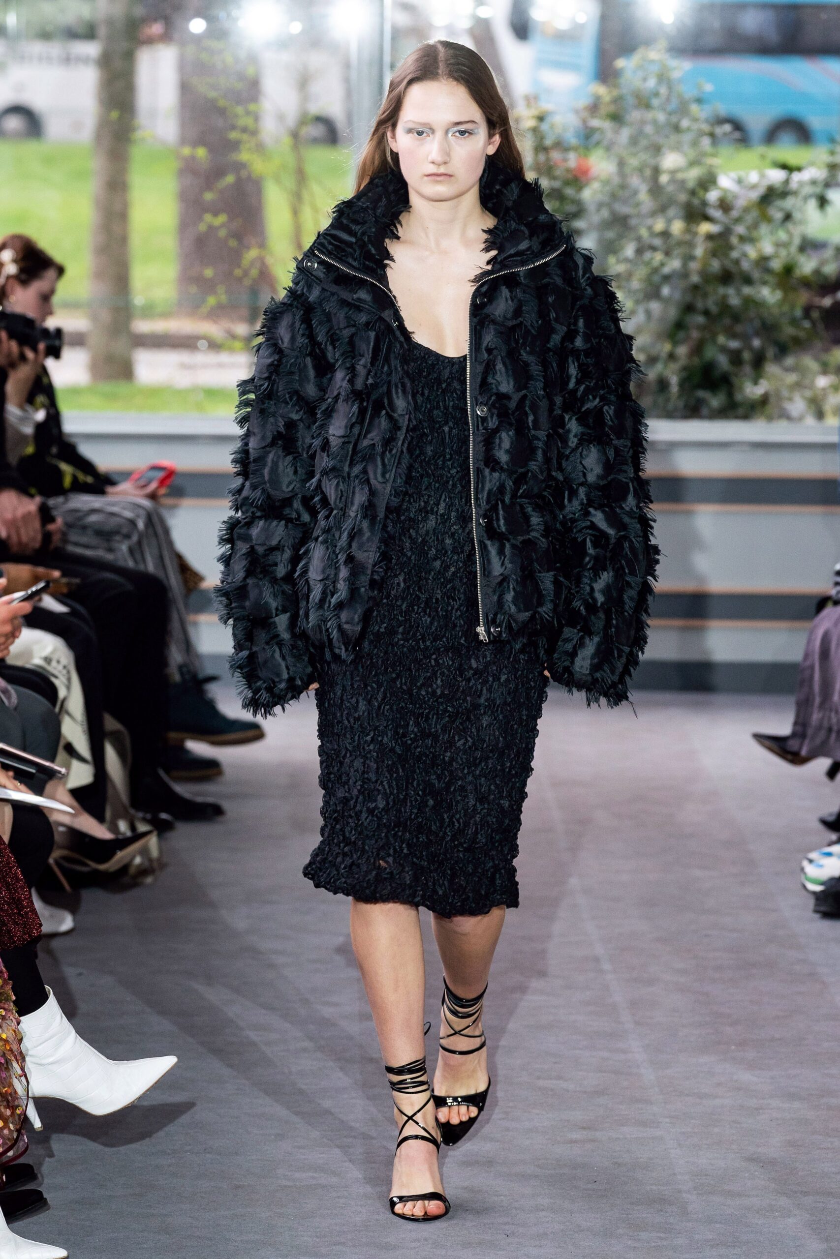 black faux-fur long-sleeve collared oversized ruffled jacket