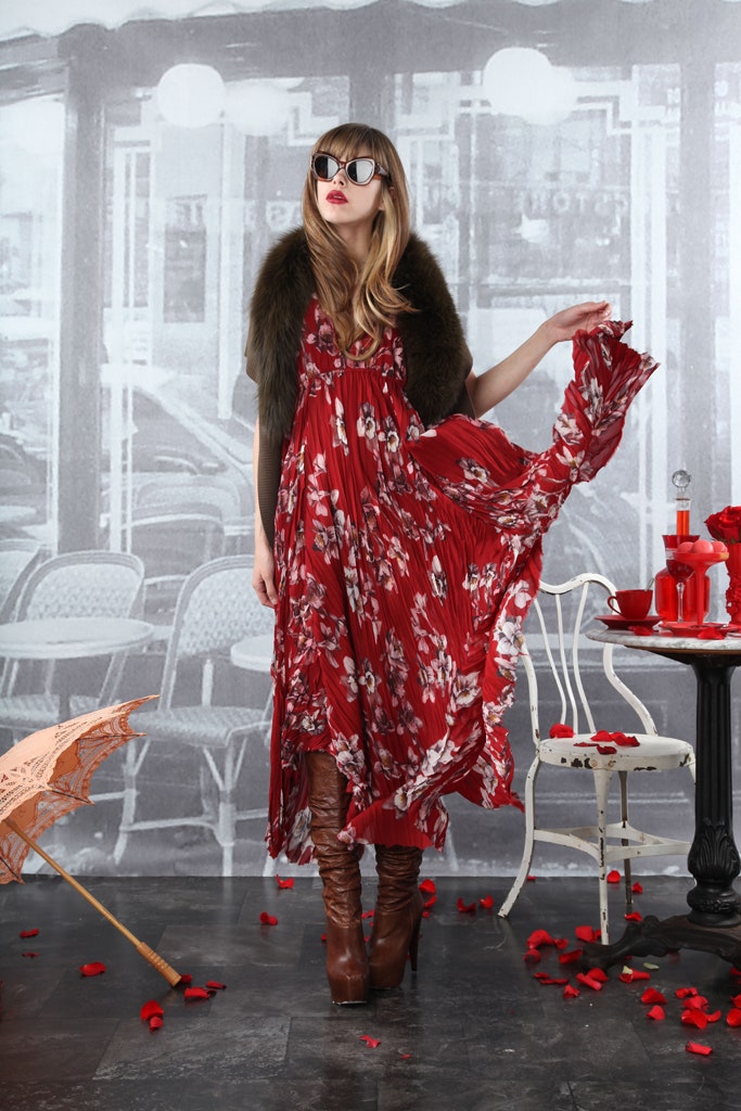 red silk sleeveless v-neck relaxed floral tiered dress