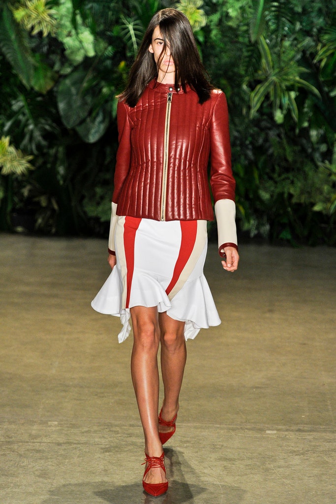 red leather fitted jacket and midi dress