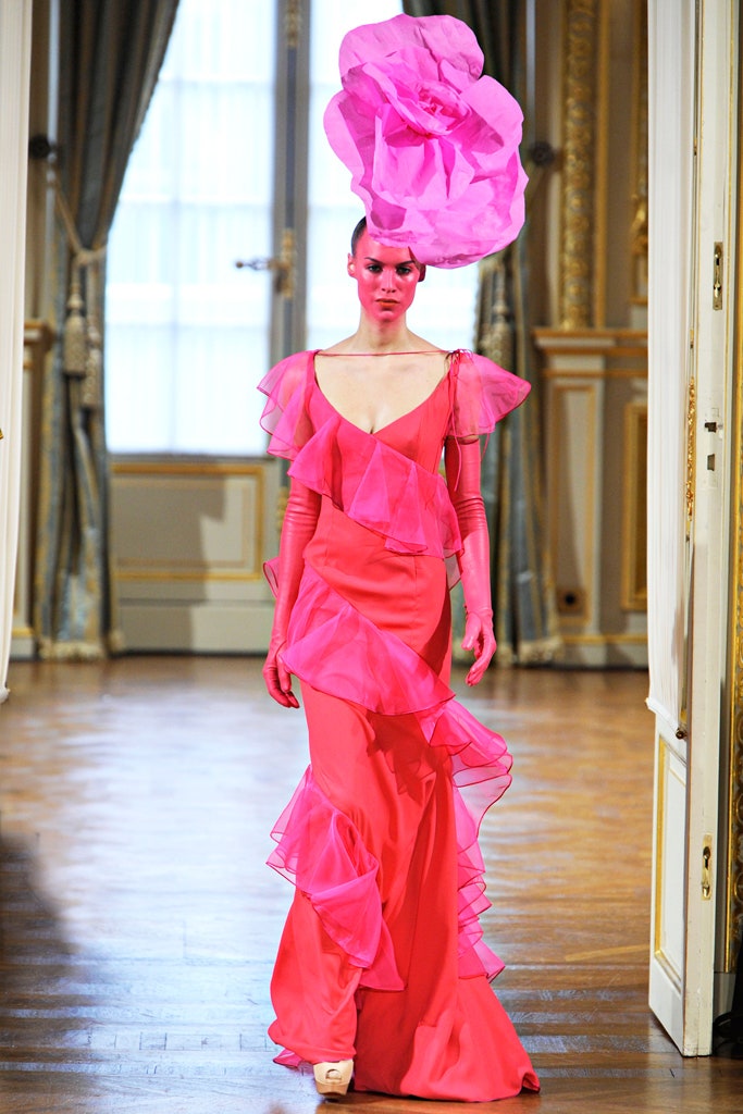 pink silk ruffled gown