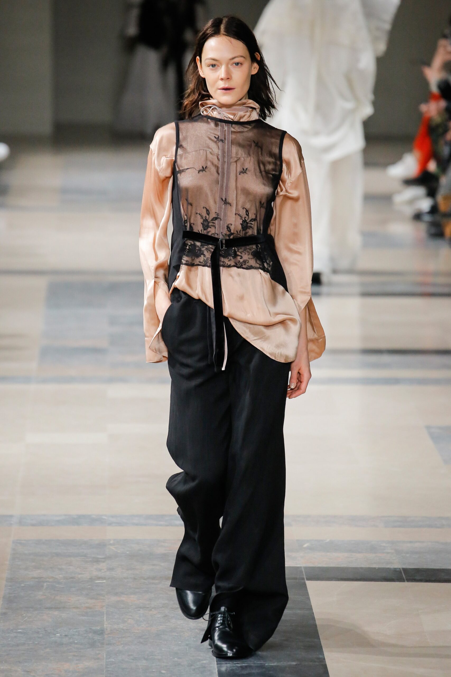 pink silk relaxed blouse with black pants