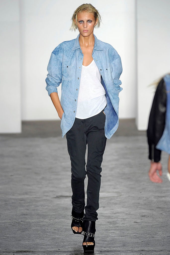 blue denim shirt with black pants