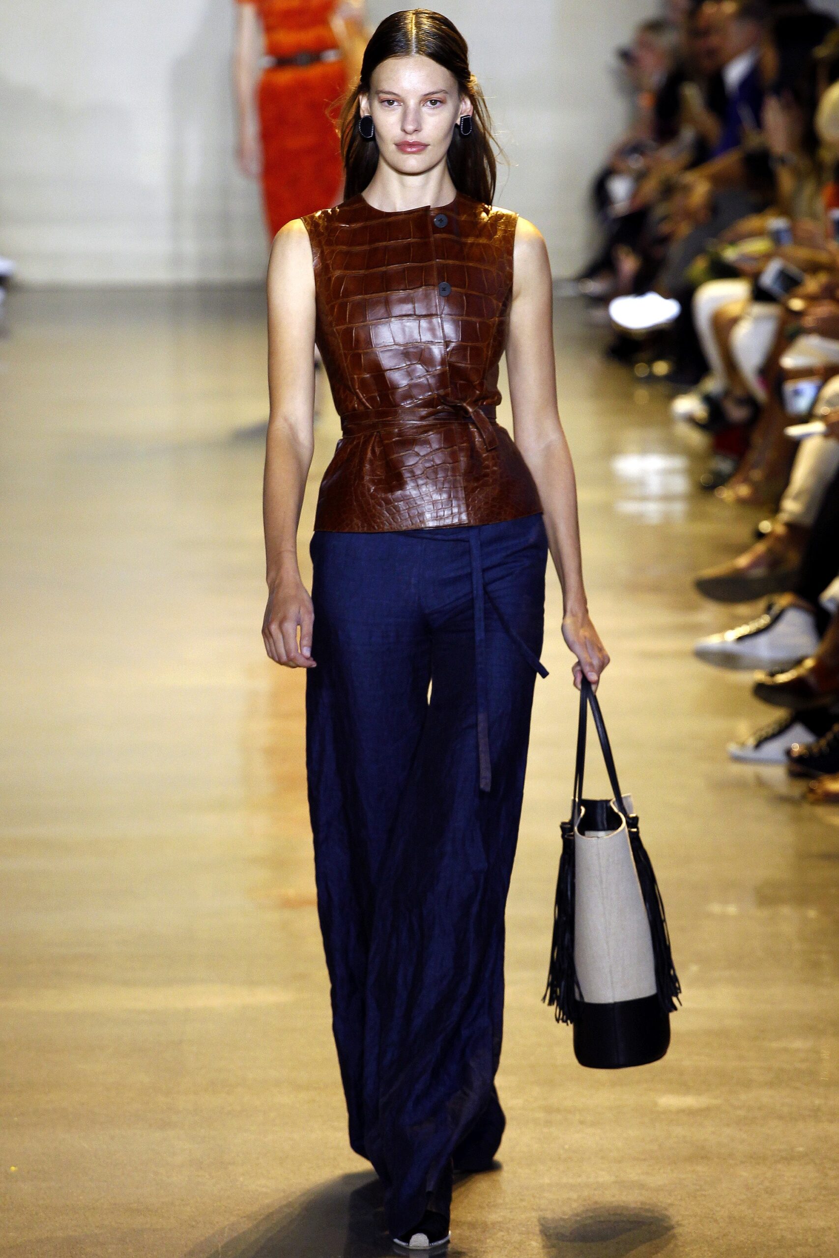 brown leather sleeveless high-neck fitted cropped top