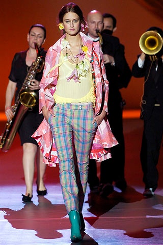 pink silk coat with plaid pants