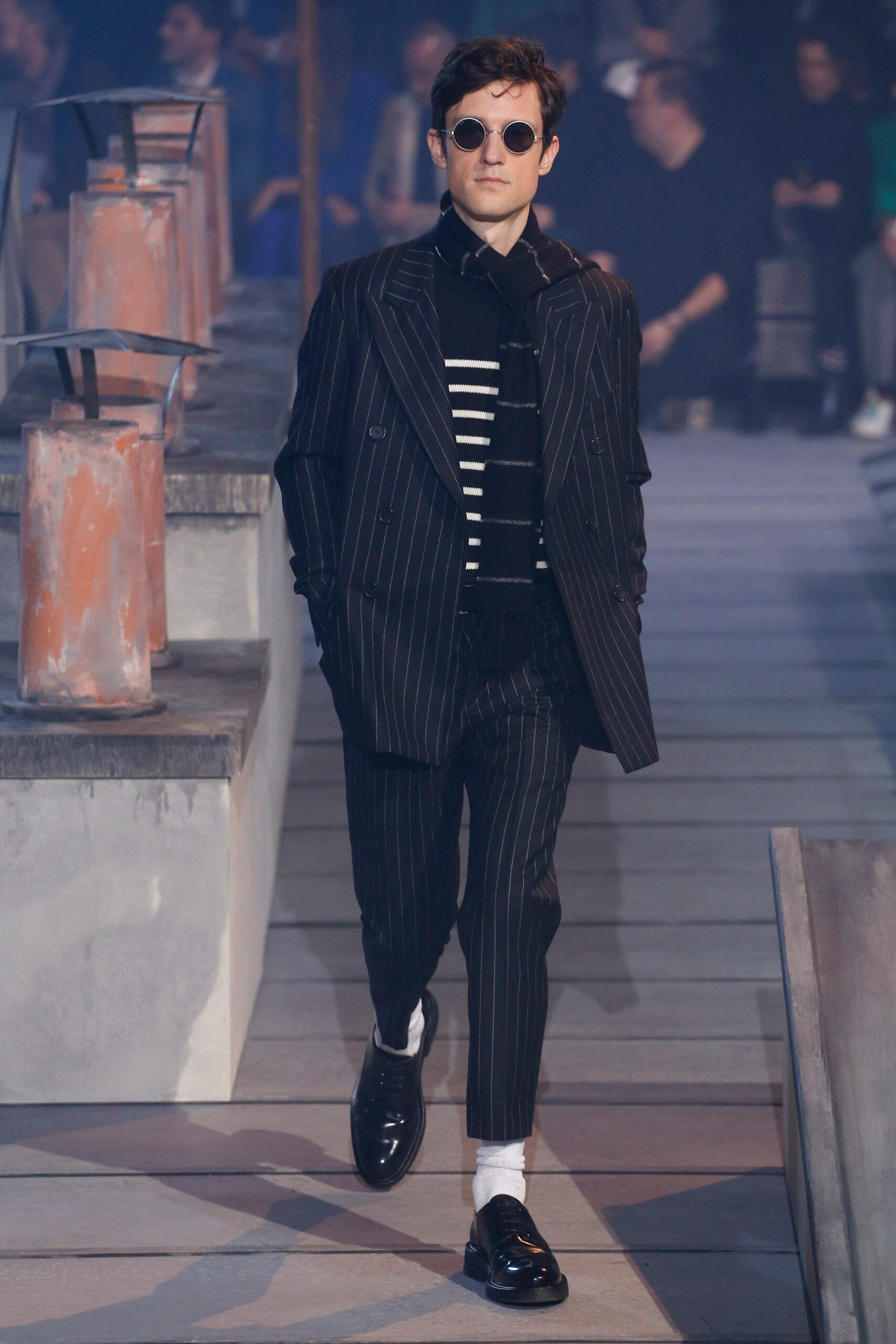 black and white striped suit