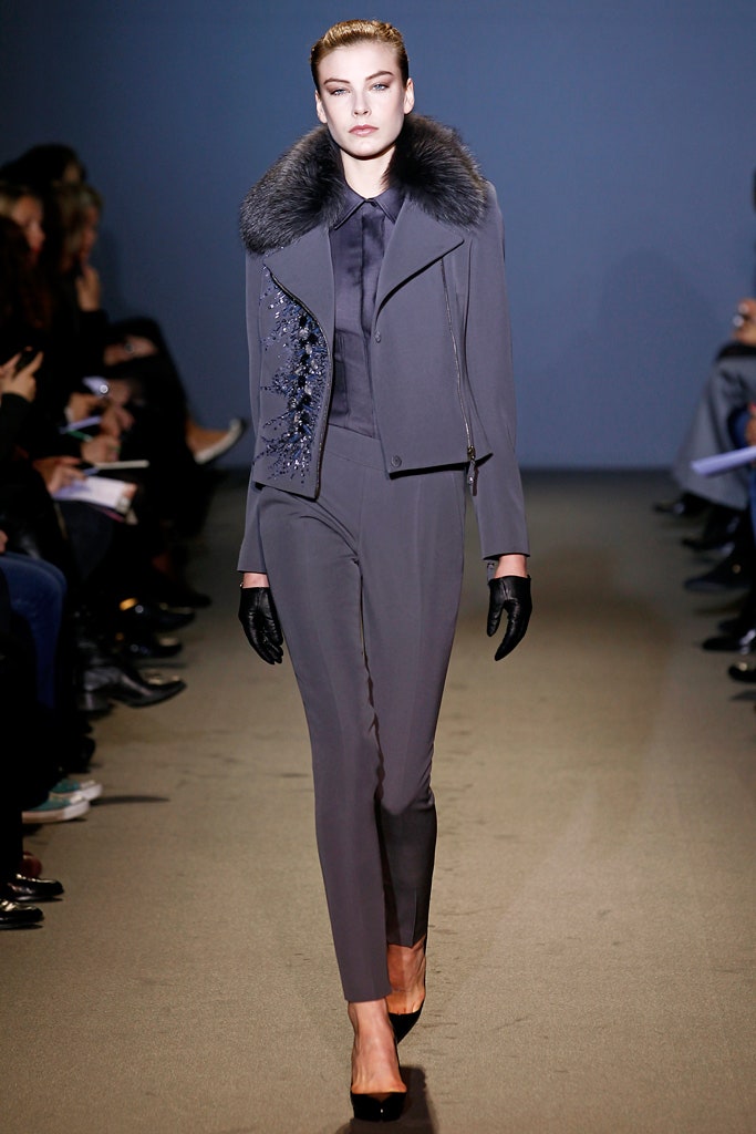 gray wool long-sleeve collared tailored zippered embellished jacket