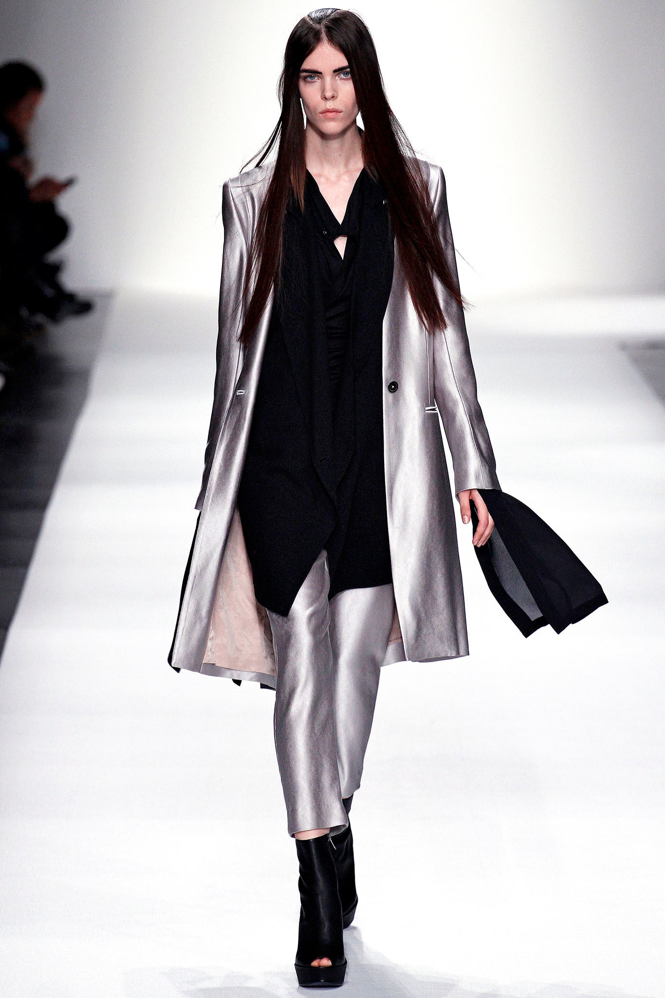 gray silk long-sleeve collared fitted buttoned shiny coat