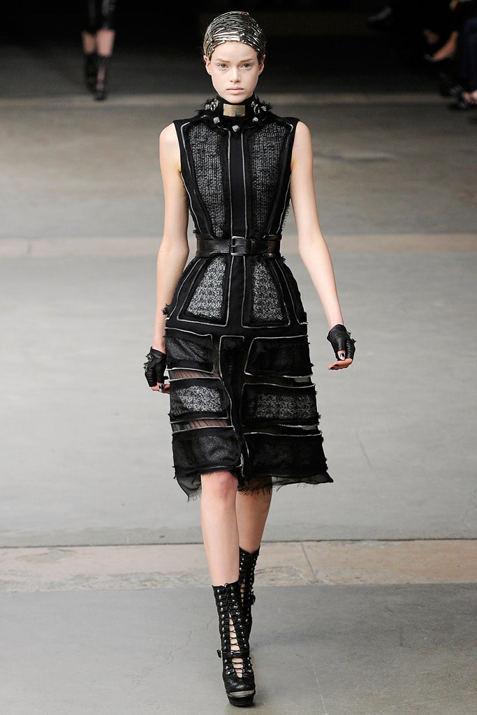 black leather sleeveless high-neck fitted zippered layered dress