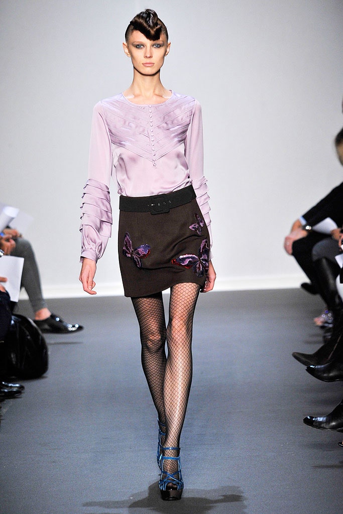 purple silk long-sleeve collared fitted pleated blouse