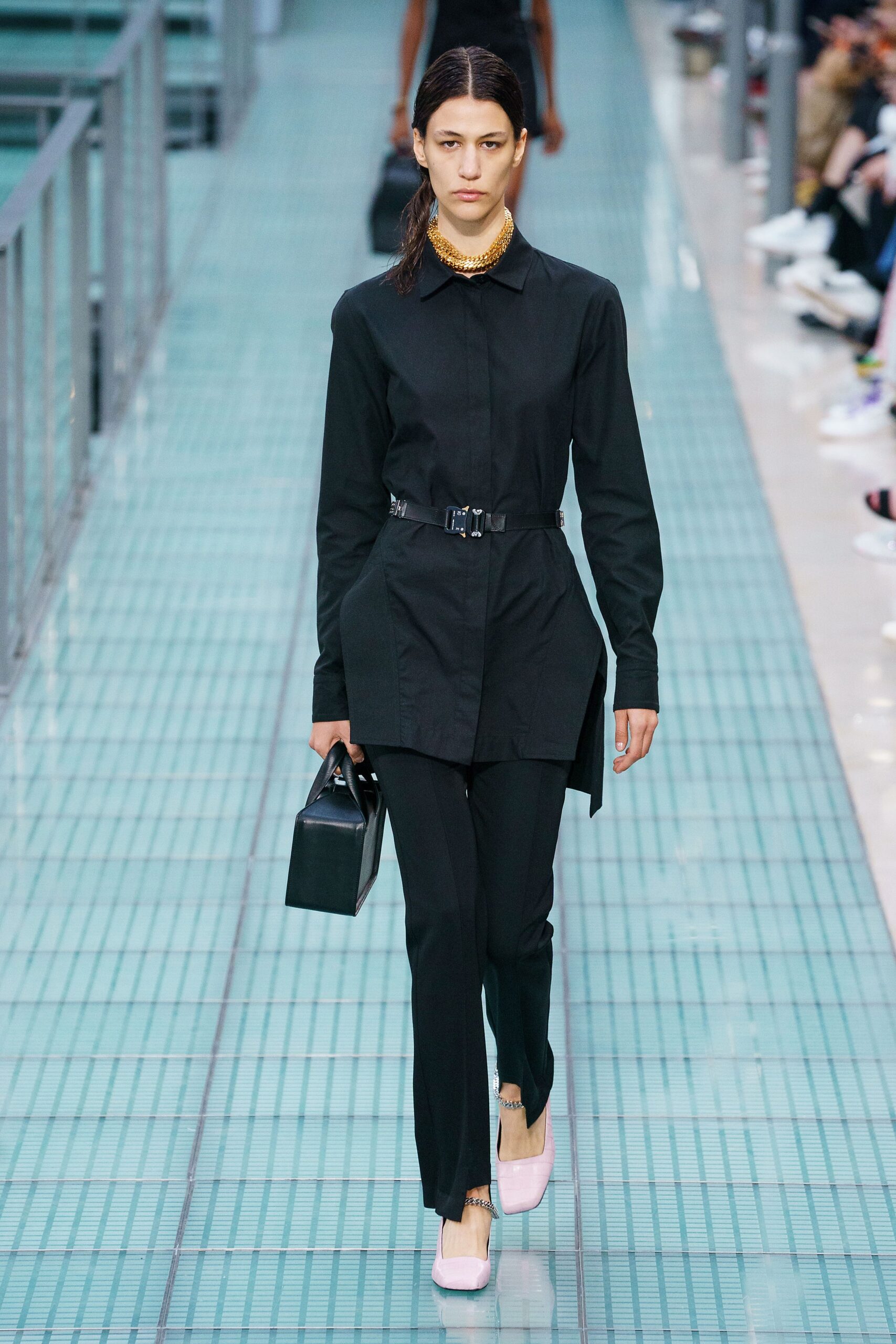 black cotton long-sleeve collared fitted belted midi shirt-dress