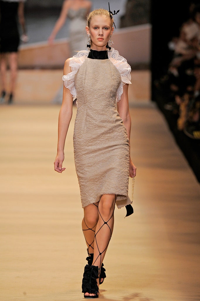 beige silk fitted dress