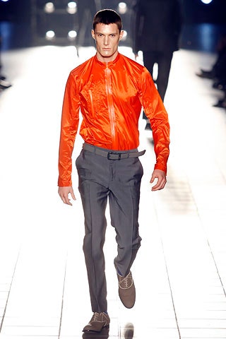 orange vinyl long-sleeve collared fitted zippered shiny shirt