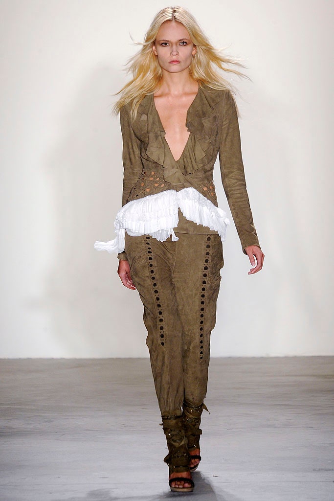 brown leather long-sleeve v-neck fitted ruffled top