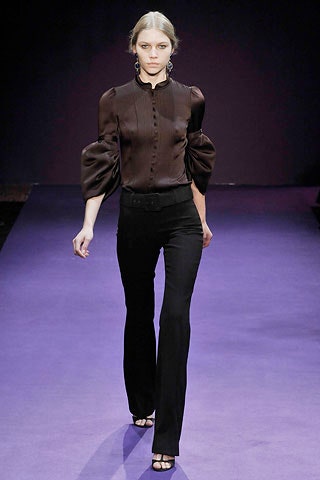 brown silk fitted blouse with flared pants