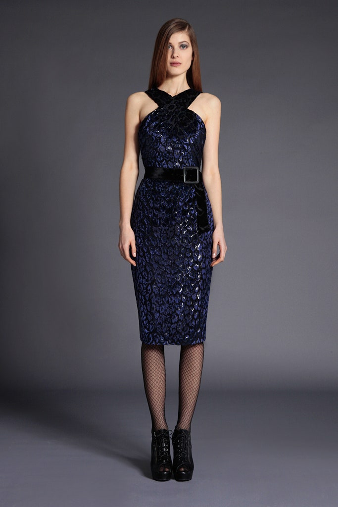 fitted blue velvet midi dress