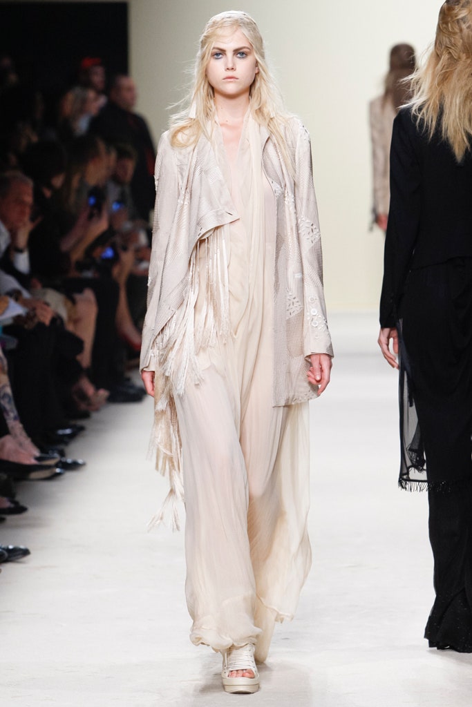 beige silk coat with fringes and ivory chiffon dress