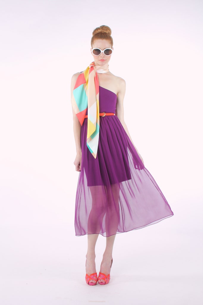 purple chiffon midi dress with scarf