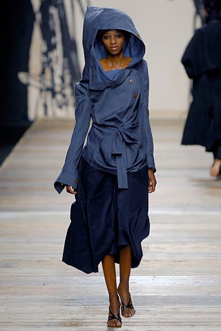 blue hooded jacket and tiered skirt