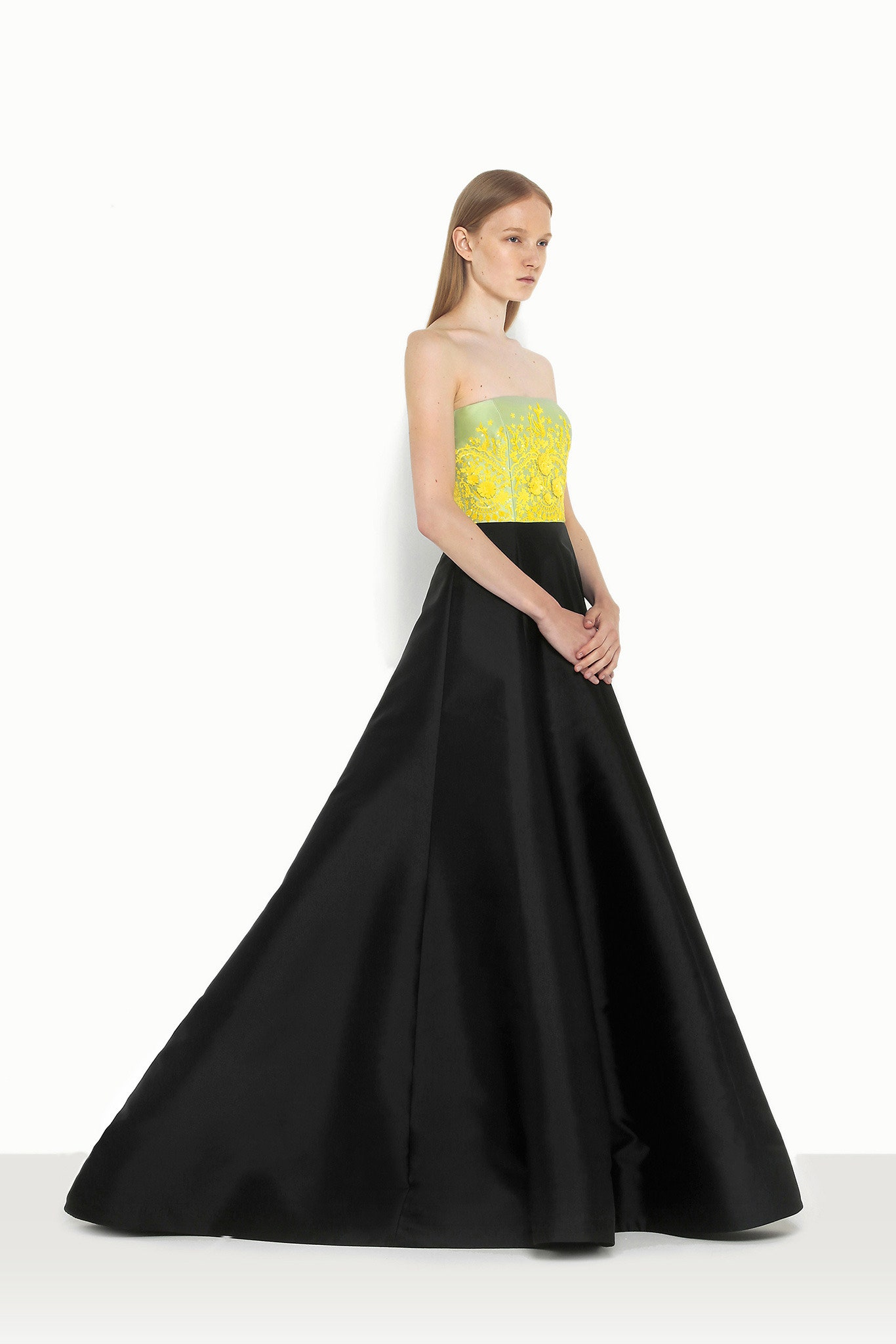 black and yellow strapless gown