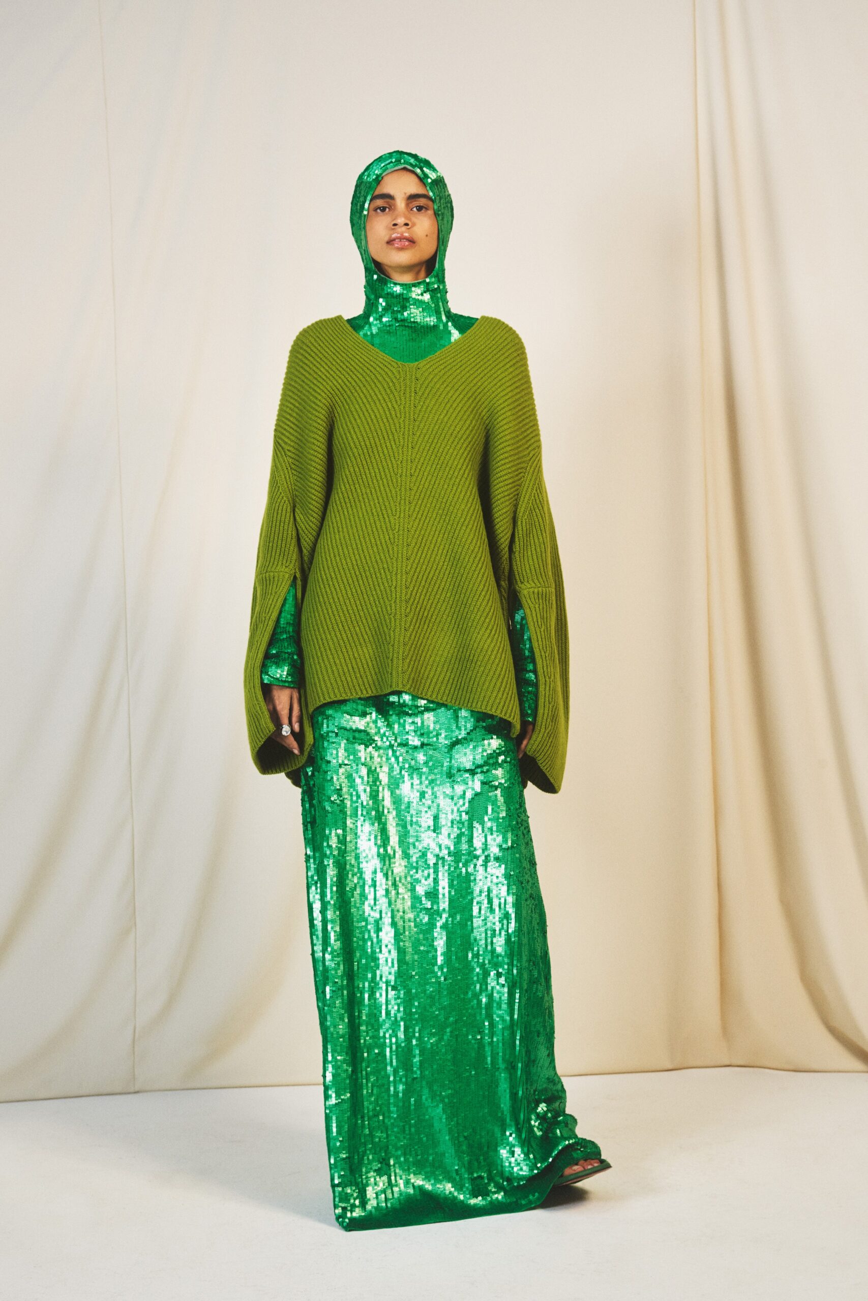 green knit top with sequin gown
