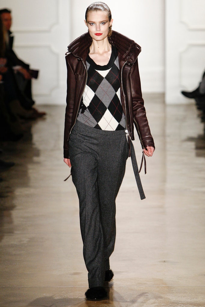 brown leather jacket with argyle top