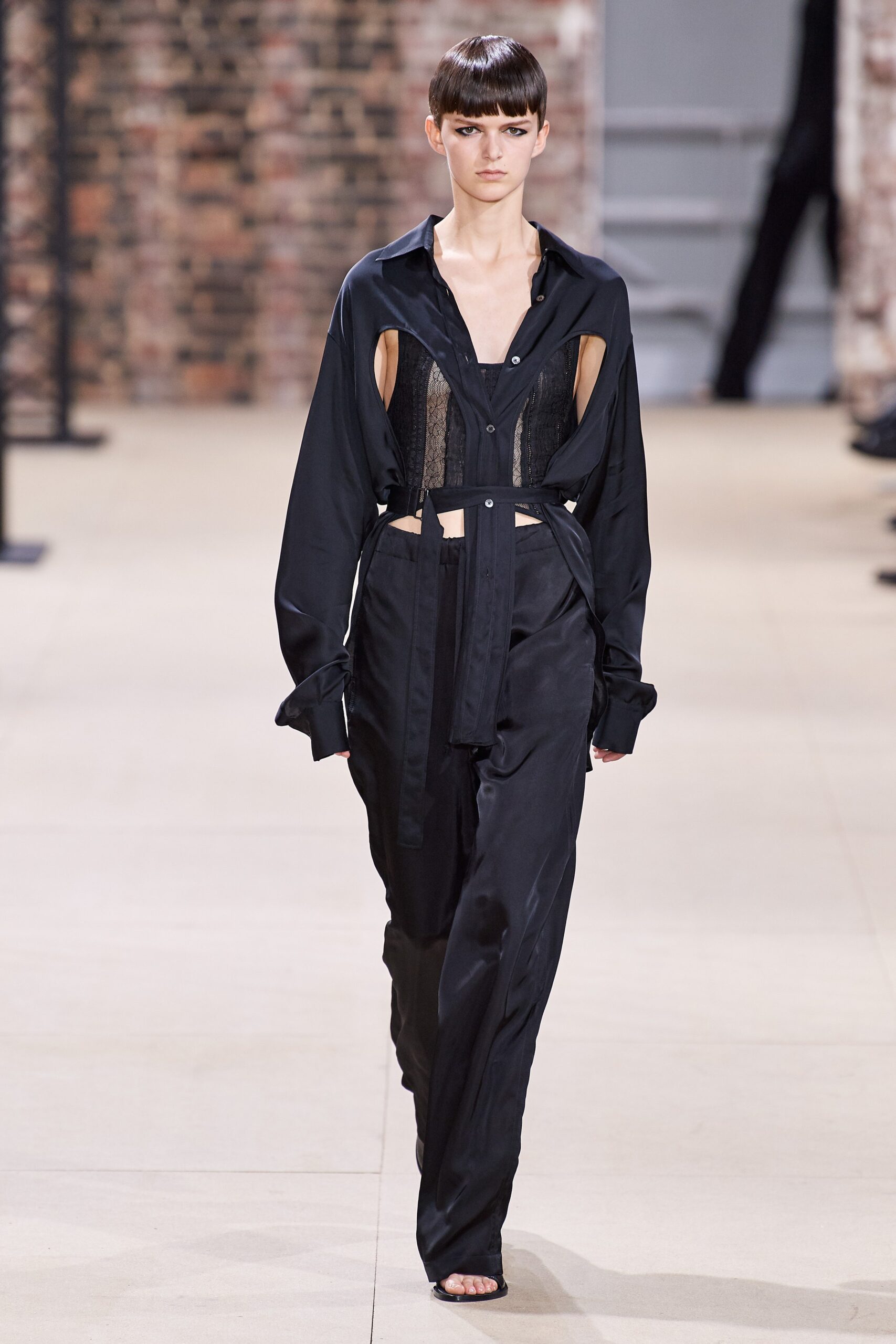 black silk shirt corset pants