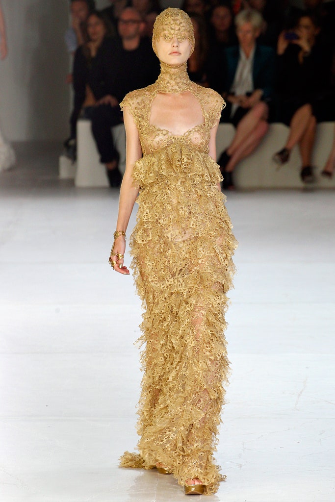 gold lace ruffled gown