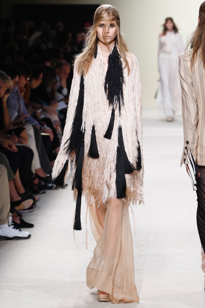 beige and black fringed maxi dress