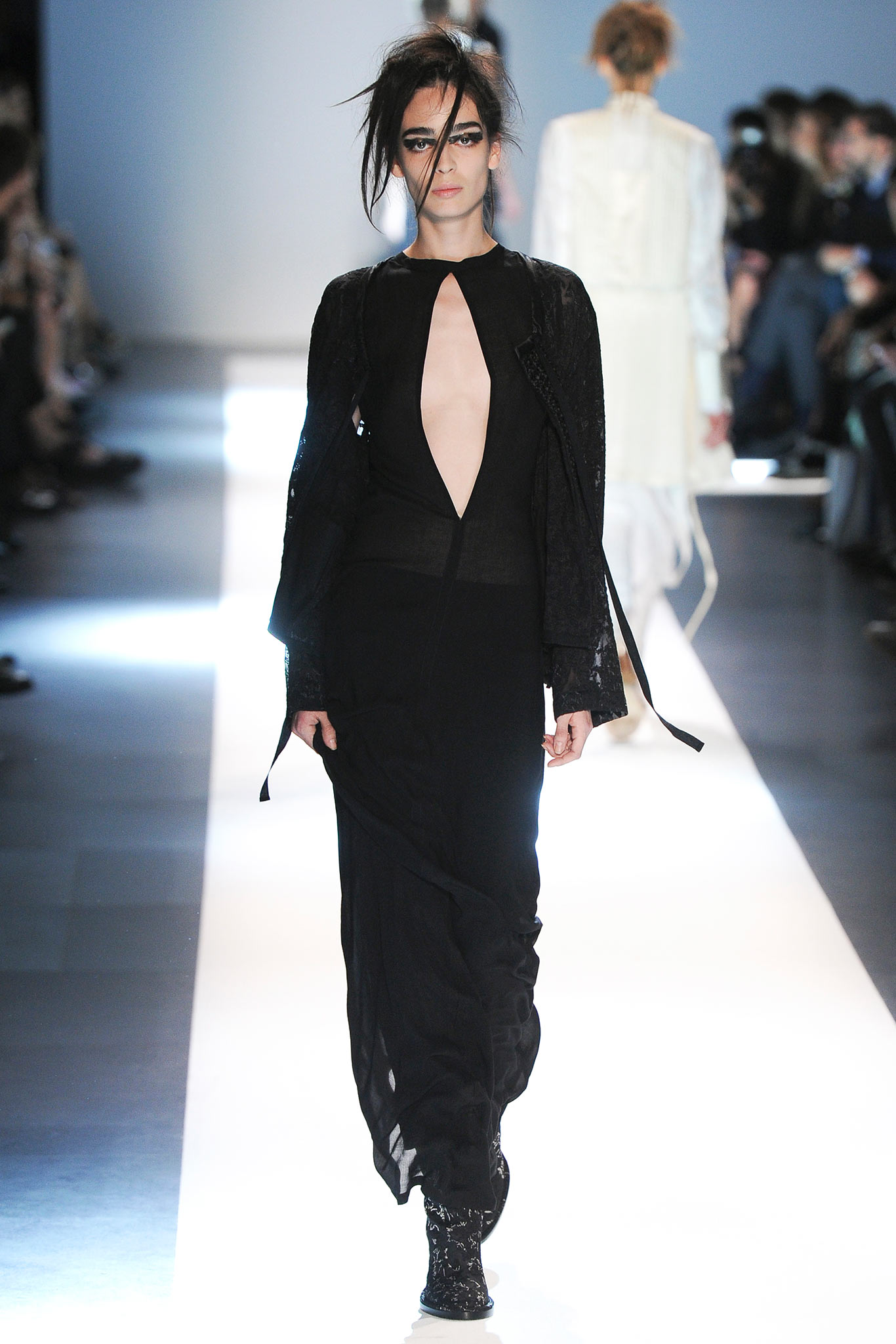 black silk long-sleeve collared structured buttoned jacket