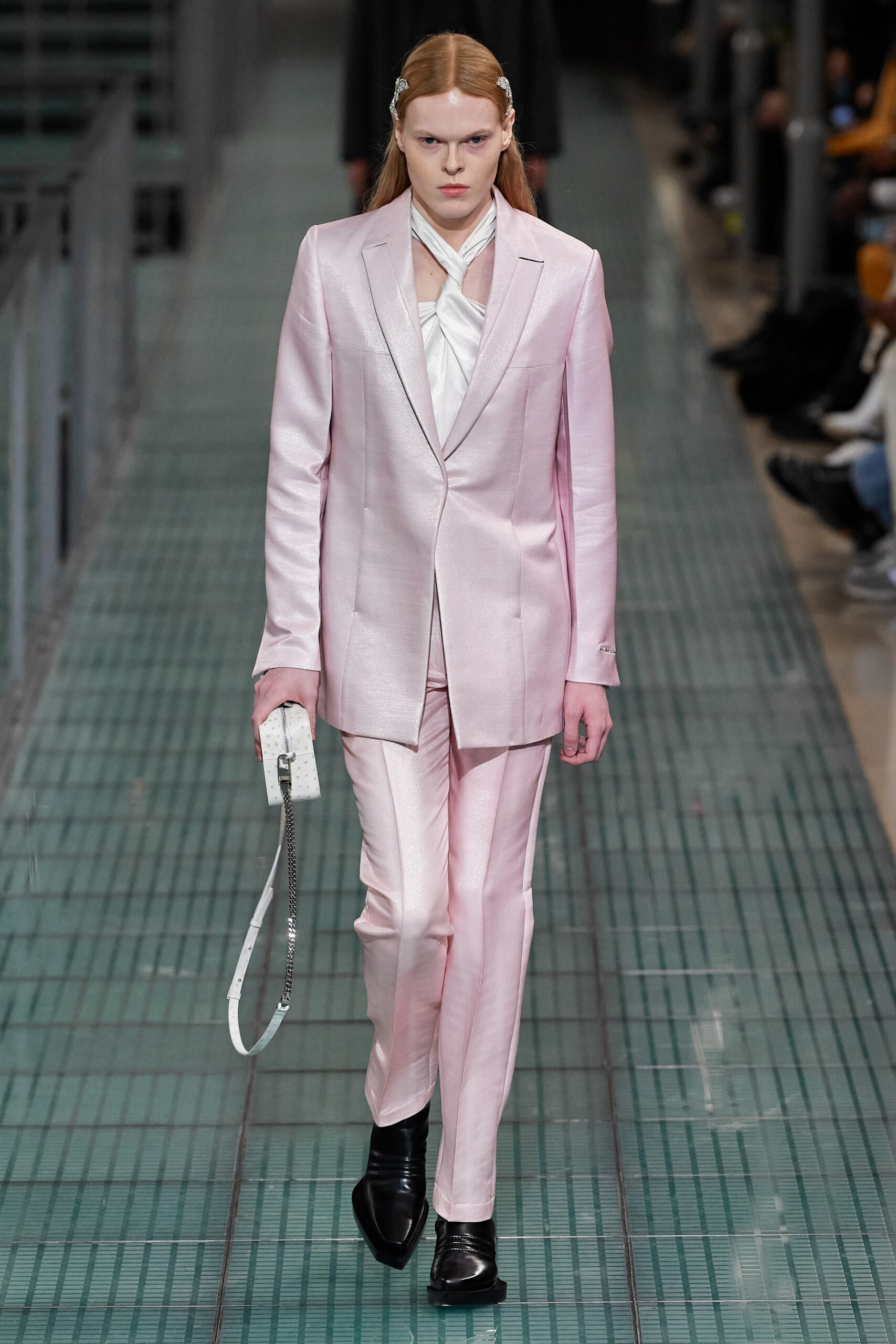 pink silk long-sleeve collared tailored buttoned shiny suit