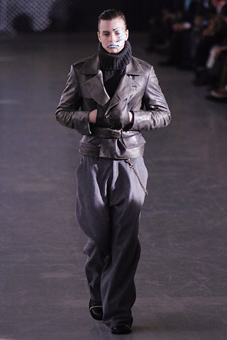 gray leather jacket with relaxed pants